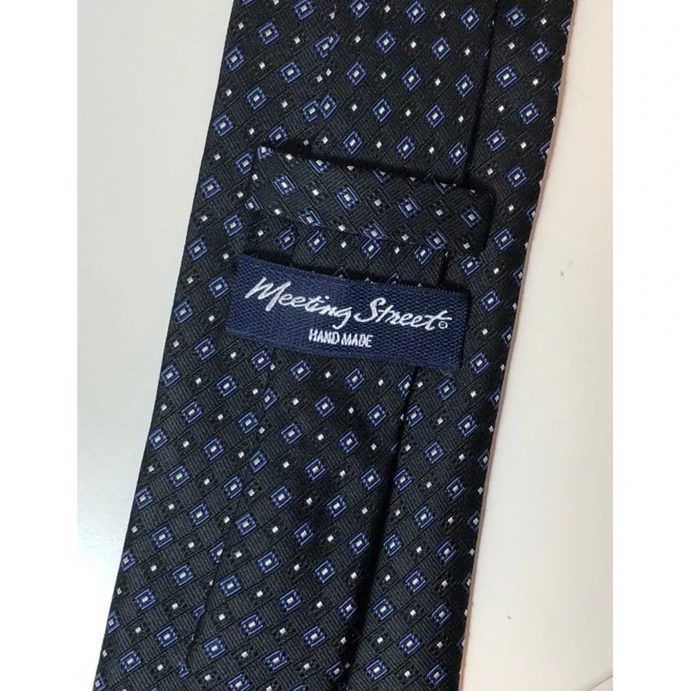 Meeting Street Neck Tie Men's Black Blue White Polka Dot 100% Silk Formal Office